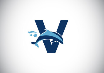 Initial V monogram letter alphabet with a Dolphin logo design. Water Animal icon. Font emblem. Modern vector logotype for business and company identity.