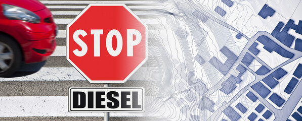 STOP warning sign against vehicles with diesel engines and imaginary city map - the car's shape has...
