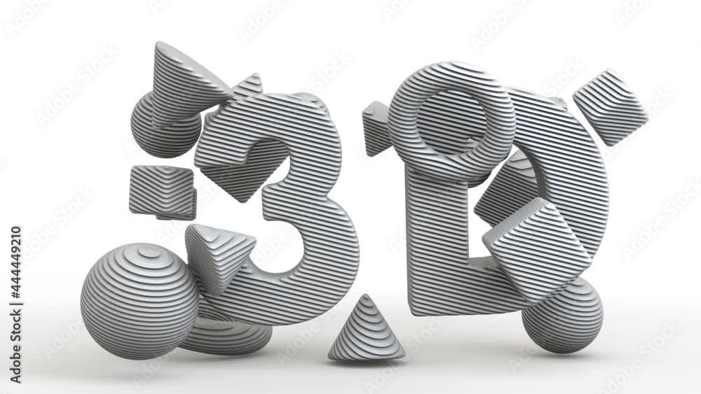 Poster 3d loop animation of 3d text, and many geometric shapes moving in space, changing their size and pos