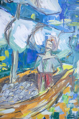 Fototapeta premium Delightful fisherman with full fishing nets. Happy sailor fine art illustration. Traditional picturesque character with moustache. Colorful brush strokes surface. Benefit and gain concept.