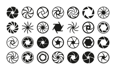 Lens aperture. Camera shutter and optic diaphragm logo for photographers and photo studio. Professional photography icon set. Black and white objective circles. Vector zoom equipment