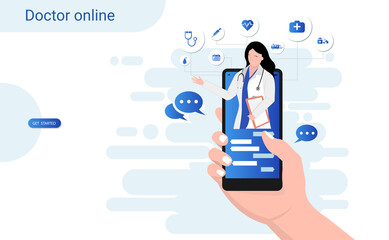 Online consultation doctor on mobile app with female doctor through the phone screen. Online medical clinic, tele medicine, Online healthcare and medical consultation concept. 3D vector