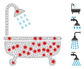 Polygonal shower bath using lockdown style. Mesh carcass shower bath image in lowpoly style with connected linear items and red covid nodes. Vector model is created from shower bath with covid items.