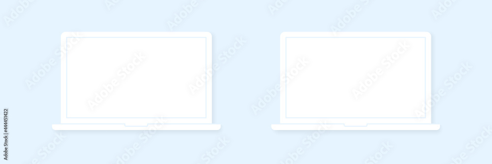 Poster realistic three laptops vector mockup. trendy laptops template with blank screen for design app