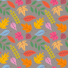 Abstract flat hand draw autumn leaves background. Vector.