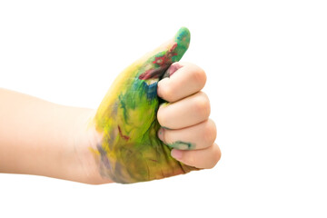 Child hand thumb up with multi colorful paint - Powered by Adobe