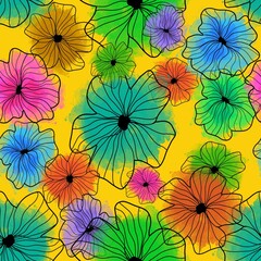 Abstract Line Drawing Tropical Hibiscus Flowers with Watercolor Brush Strokes Seamless Pattern Isolated Background