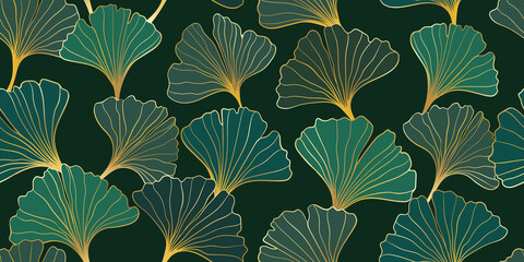 seamless pattern of hand draw illustrations floral outline golden ginkgo biloba leaves on black background. for wall decoration, postcard or brochure cover design