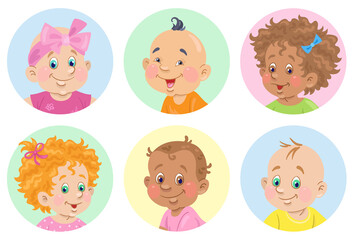 Set of avatar icons. Six happy babies of different nationalities. In cartoon style. Isolated on white background. Vector flat illustration.