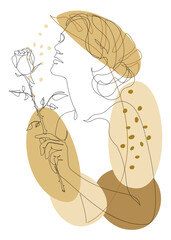 The girl holds in her hand a rose flower and leaves of a plant. Silhouettes in modern trendy style with one line. Solid outline for decor, posters, stickers, logo. Vector illustration.