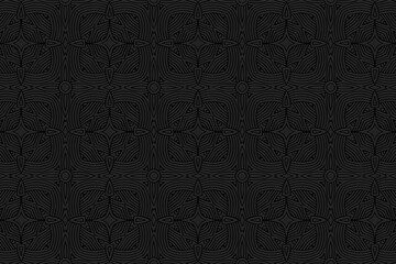 3D volumetric convex embossed geometric black background. Oriental pattern with repeating ethnic elements. Decorative ornament for design and decoration.