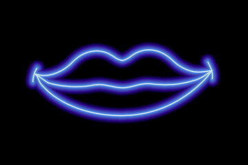 Blue neon smiling lips on a black background. The contour of the women's lips. Kiss