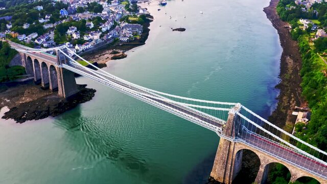 Aerial view of Telford's Suspension Bridge Across The Menai Starights - Wales, UK.
