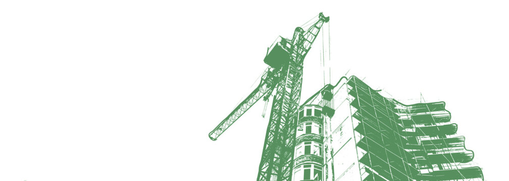 Green Print Of A Multi-storey Residential Building Under Construction And A Construction Crane On A White Background