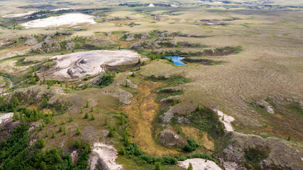 Landscape of the forest-tundra and the sandy river bank, photo from quadrocopter, bird's eye view.Arctic Circle, tunda