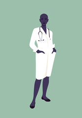 An African woman doctor in a medical uniform. Full-length portrait of professional. Working in a hospital or clinic. Concept vector illustration in flat style