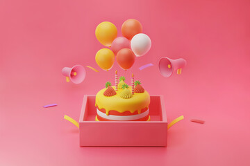 Colorful Birthday cake and celebration with balloons, ribbon and megaphone for greeting card and advertsing 3d illustration