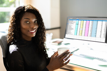 Data Analyst African Woman Using Spreadsheet