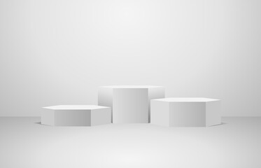Podium  geometry hexagon shape stand scene and winner pedestal in studio on gray or white background.vector illustration.