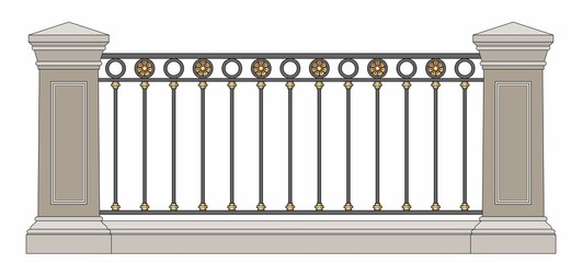 Classic Iron Railings With Brick Pillars. Urban Design. Decor. Vintage. Luxury Modern Architecture. Palace. City. Street. Park. Wrought Iron Fence. Handrails. Blacksmithing. Template. Isolated. White.
