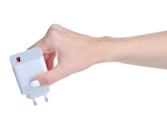 Power Supply USB type-c in hand on white background isolation