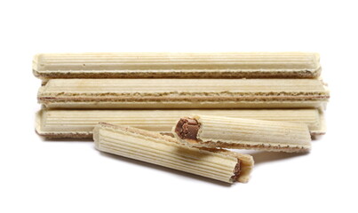 Round wafers sticks with chocolate stuffing isolated on white