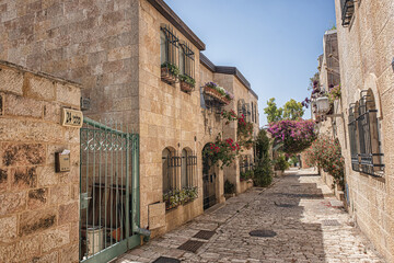 Jerusalem, Israel - June 12, 2021: Old houses in Yemin Moshe district, Jerusalem, Israel
