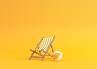 Striped deck chair and beach ball on a yellow background. Concept of summer vacation or holiday on the beach. 3d rendering, 3d illustration