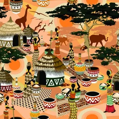 Peel and stick wall murals Draw African Life Women in Savanna Tribal Village Vector Seamless Fabric Pattern Background 