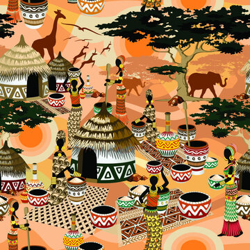 African Life Women in Savanna Tribal Village Vector Seamless Fabric Pattern Background
