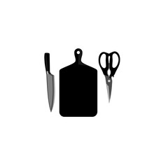 Scissors, cutting board and knife vector or logo design inspiration