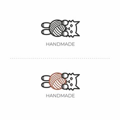 Handmade logo with yarn. Cat and yarn. Handmade knitting logo. Yarn icon.