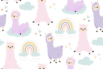 Llamas vector seamless pattern with rainbows and clouds on white color background. Cute cartoon personage llama. Nursery printable stuff. Alpaca Seamless Pattern. Children's, Textiles, Wallpapers