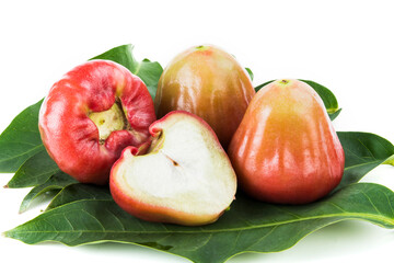 Taiwanese wax apples with leaves isolated on white background