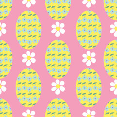 Seamless Vector Easter Eggs, Daises and Leaves Pattern 