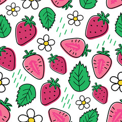 Seamless pattern with strawberries, flowers and leaves on a white background. Juicy vector illustration in doodle style. Perfect for fabric, wallpaper or packaging