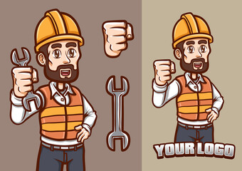 smilling labour show his fist mascot character illustration