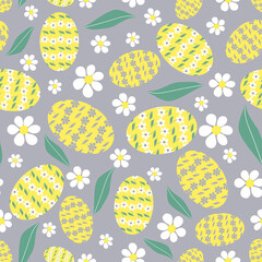 Seamless Vector Easter Eggs, Daises and Leaves Pattern 