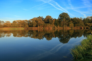 Landscape with an autumn lake and reflections in the water