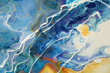 Art Abstract flow acrylic and watercolor marble blot painting. Blue Color smoke wave horizontal texture background.