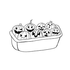 happy halloween black and white coloring doodle set of scary pokes with different faces in a bowl isolated on a white background, holiday, vegetables, mysticism