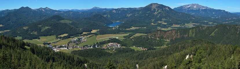 Panoramic view from Erzherzog-Johann lookout tower on Mariazeller Bürgeralpe at Mariazell, Styria, Austria, Europe
