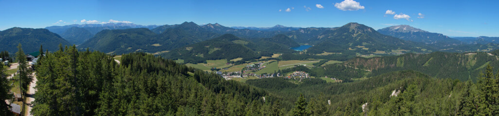Panoramic view from Erzherzog-Johann lookout tower on Mariazeller Bürgeralpe at Mariazell, Styria, Austria, Europe
