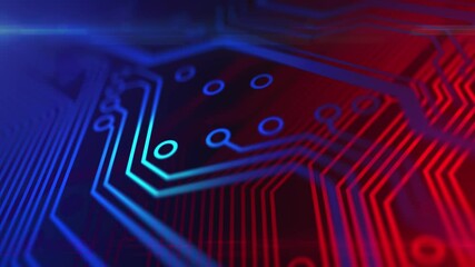 3D animation of electronic circuit board close up. Digital integrated blockchain network technology. Futuristic server code processing. Bitcoin and cryptocurrency mining concept