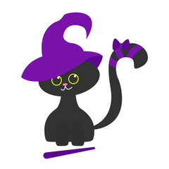 Cute little black cat in a witch's hat. The witch cat isolated on white. Design for Halloween. Can be used for stiker, banner, card, poster and any design.