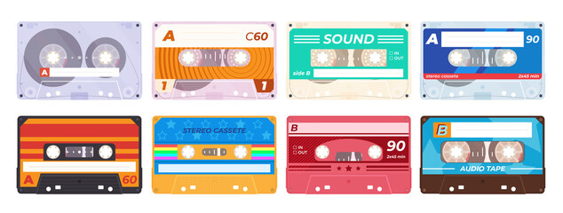 Collection of vintage audio cassette tape vector illustration old music retro player blank
