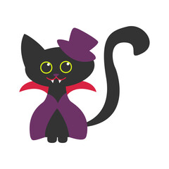 Little pretty black cat dressed in vampire costume. The vampire Cat isolated on white. Design for Halloween