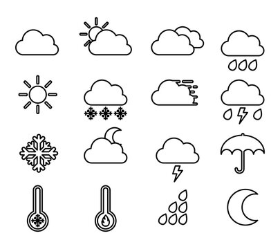 Set of simple climate icons in flat style. Vector meteo pictograms for mobile applications or websites black and white