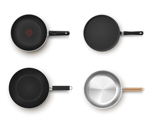 Collection empty frying pans top view vector realistic illustration metallic pan non stick coating - obrazy, fototapety, plakaty