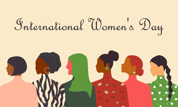 Postcard with International Women's Day. Poster template with women of different nationalities and religions. Pink pastel background. Vector graphics.